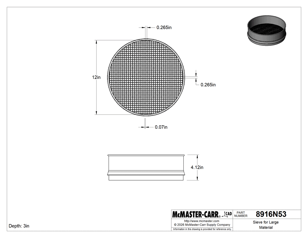 Technical Drawing of Sieve for Large Material, Brass Frame, 12" Diameter x 3" Deep, 1/4" Opening Size.